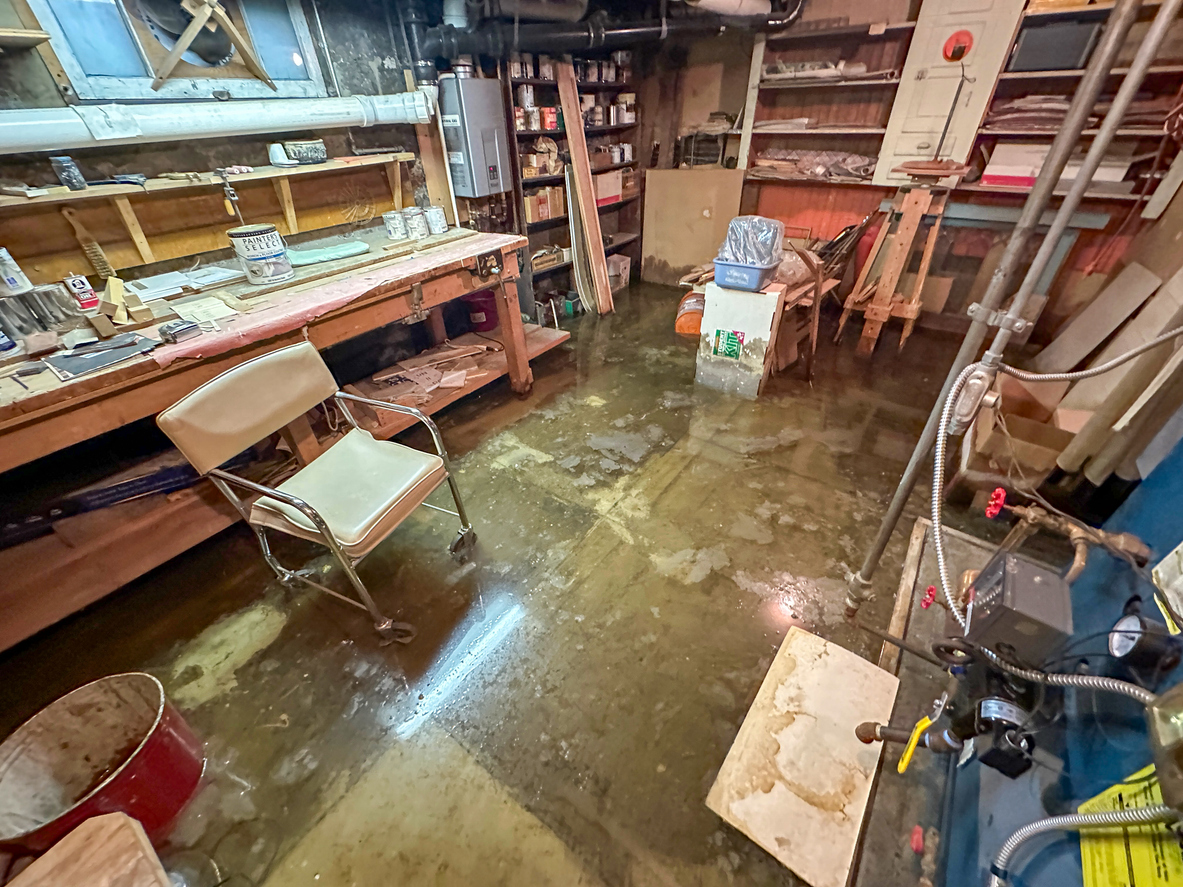 Flooded basement with standing water