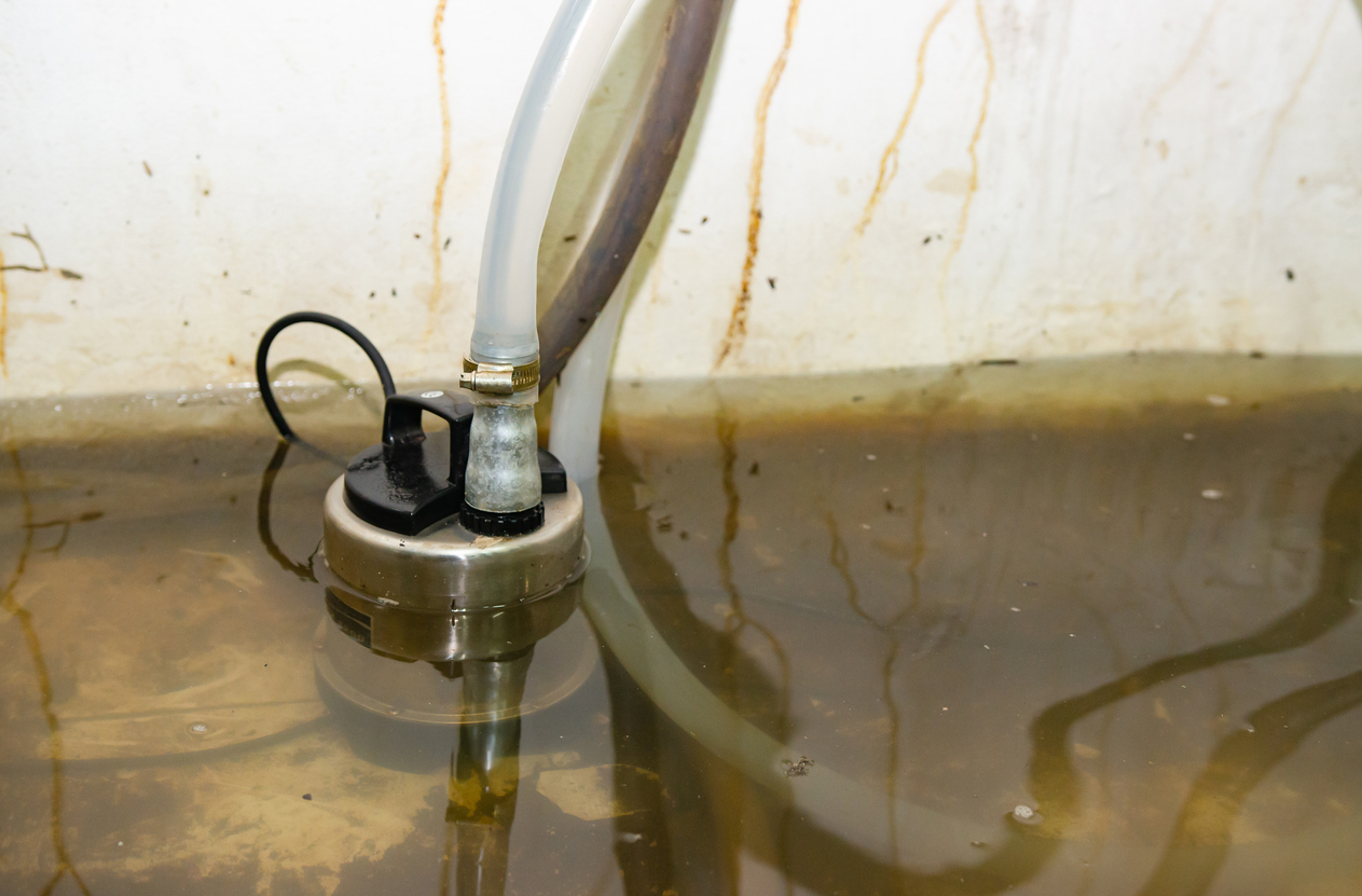 Sump pump installed in a basement to remove excess groundwater