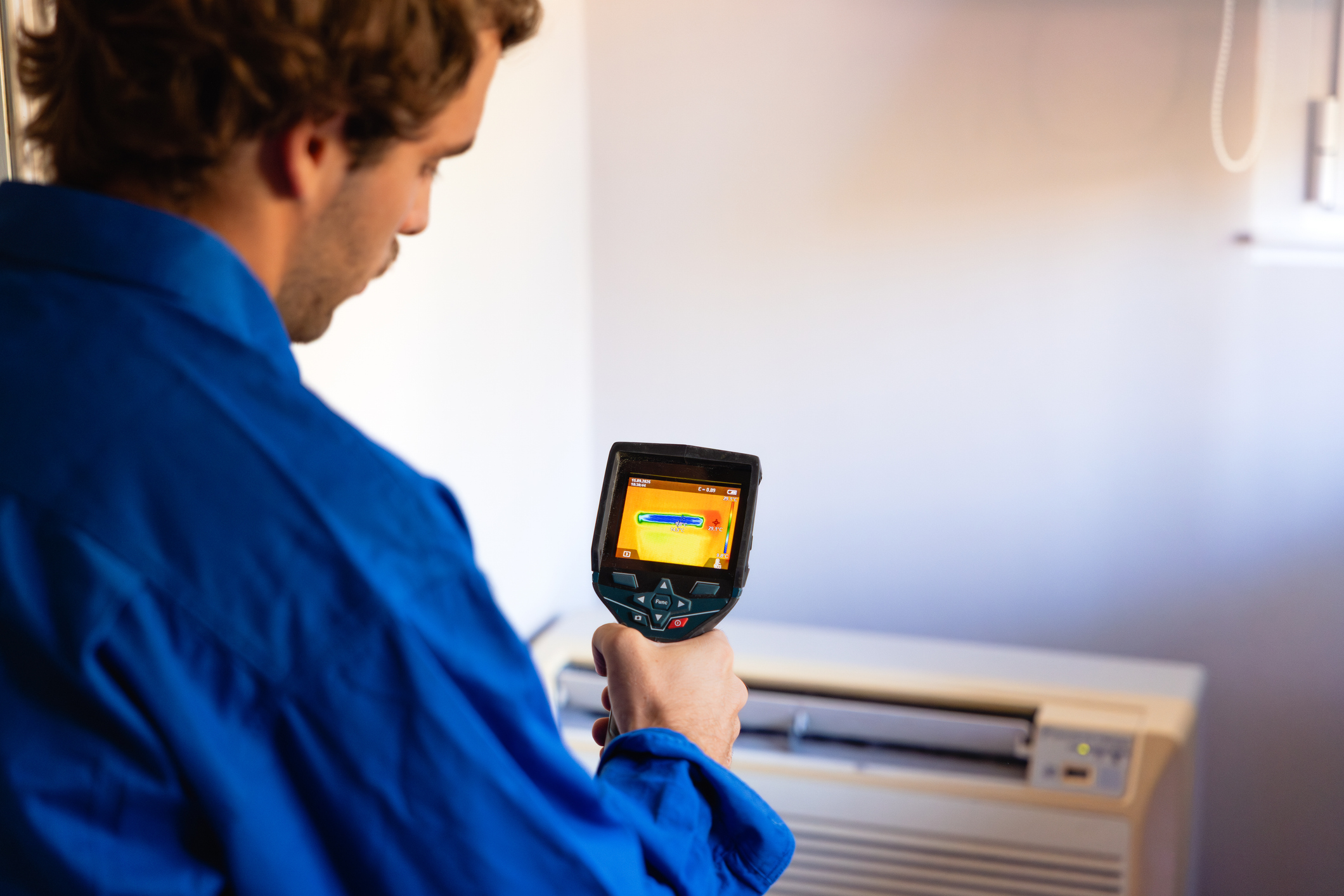 Technician using a thermal imaging camera to detect a hidden leak