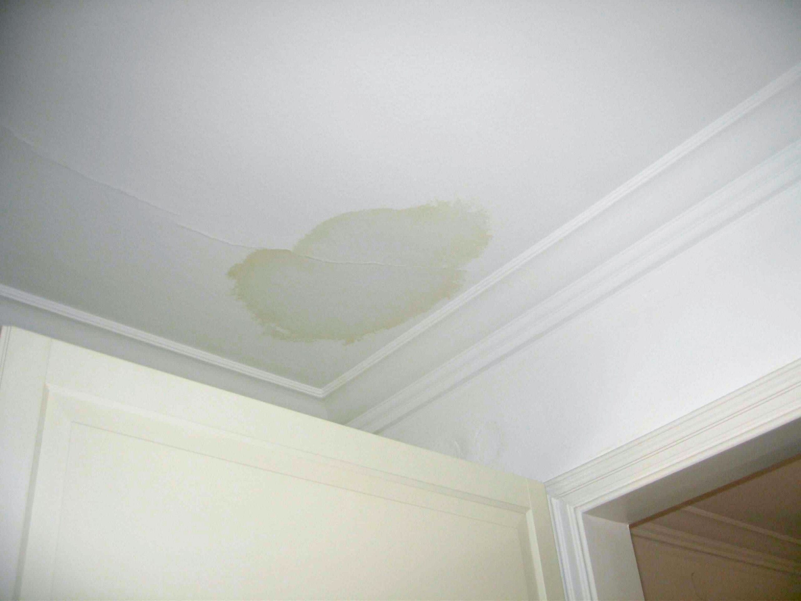 Water stain spreading across a ceiling from a hidden leak