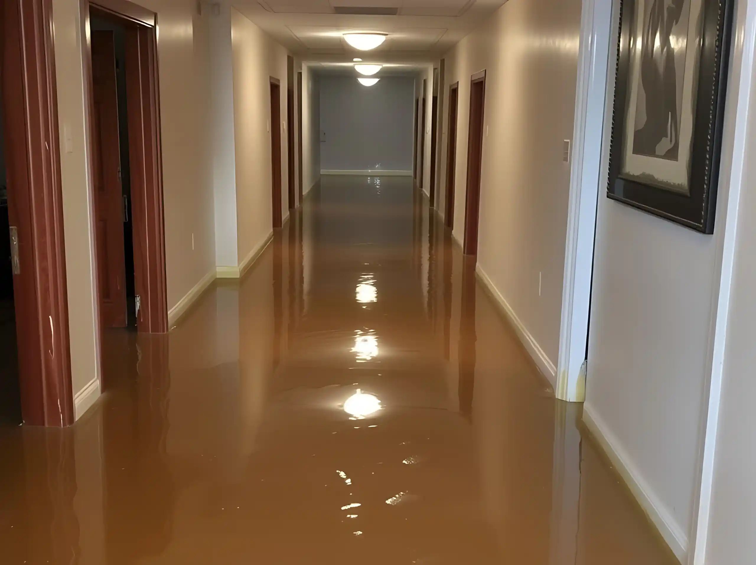 Flooded hallway interior after severe storm water intrusion
