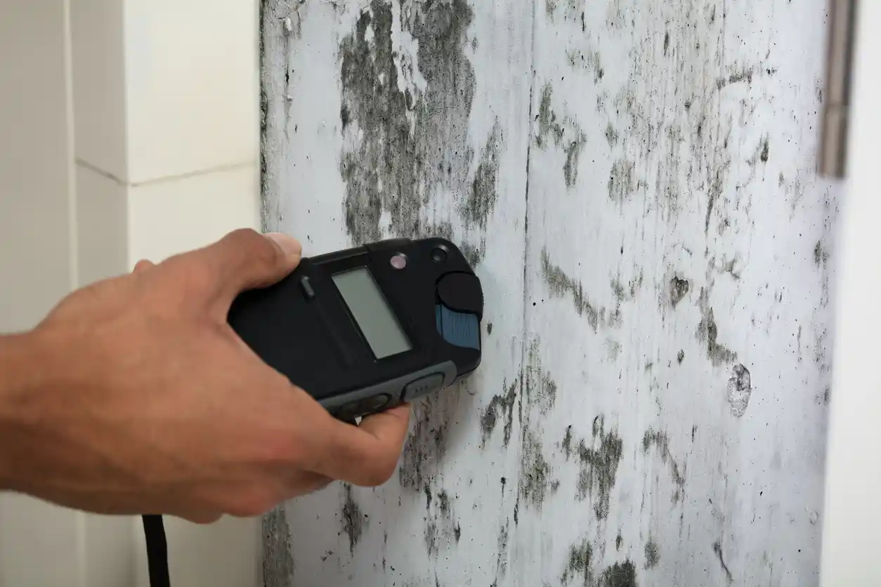 Technician taking moisture reading on a mold-affected wall